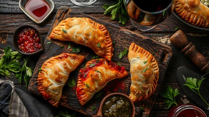 A closeup of argentinian empanadas with sauces and wine on a dark rustic wooden background
