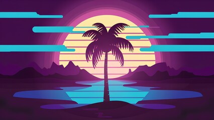 Vibrant Neon Palm Tree Against a Retro Sunset Backdrop with Silhouetted Cacti and Mountains in a Surreal Desert Landscape