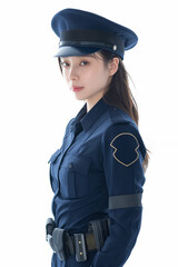 Pretty young asian policewoman officer in blue uniform and cap. Police, cop. Isolated white background. Friendly expression. Stunning beauty. Empty badge for adding text. Young petite. 