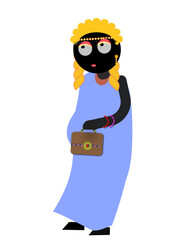 A cartoon woman is holding a purse and standing on a white background