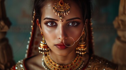 Fototapeta na wymiar Indian woman wearing traditional jewelry in a silk robe