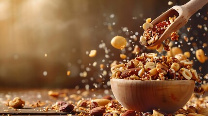 A scoop full of healthy nuts mixture pouring on brown background