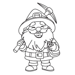 Cute little man in doodle style. Dwarf with pickaxe outline. Hand drawn vector art.
