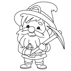 Cute little man in doodle style. Dwarf with pickaxe outline. Hand drawn vector art.