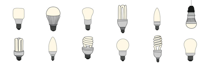 Big set of bulb light in doodle style. Hand draw vector art.
