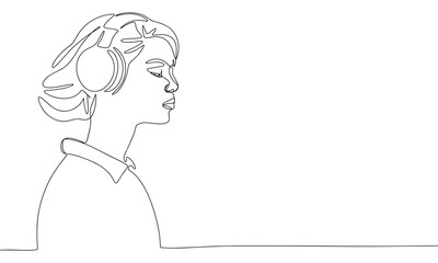 Young woman with headphone one line continuous. Line art woman hear headphone. Hand drawn vector art.