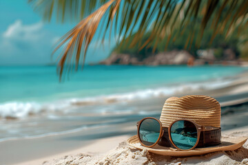 hat and sunglasses on sand beach , summer travel happy holiday Copy space of summer vacation