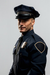 Handsome mature policeman isolated against a white background. Police, cop, law enforcer. Friendly expression. Muscular. Blue uniform outfit. With empty badge to place text.