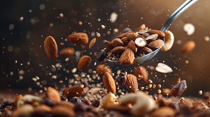 A scoop full of healthy nuts mixture pouring on brown background - obrazy, fototapety, plakaty
