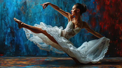 Beautiful Women Ballerina Dancer Dancing in White Color Ballet Dress Watercolor Oil Painting On Canvas