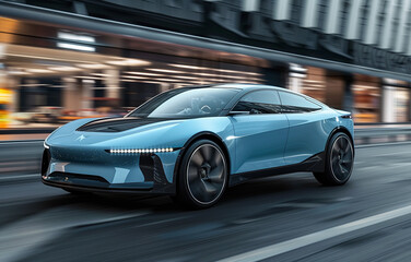 Fototapeta na wymiar Explore the future with this sleek electric family car, blending modernity and style seamlessly. From its striking blue aluminum body to its sporty silhouette, it's a vision of innovation cruising thr