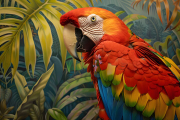 Fototapeta premium An exciting portrait of a colorful macaw in a lush tropical setting, showcasing its vibrant plumage.