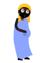 A cartoon woman with a blue dress and black hair is holding her stomach