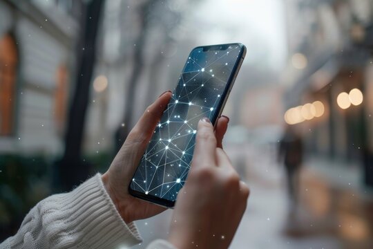 Smartphone with network dots technology created with generative ai