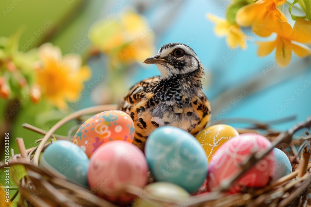 Poster A bird perched on a nest filled with eggs, suitable for various nature and wildlife themes