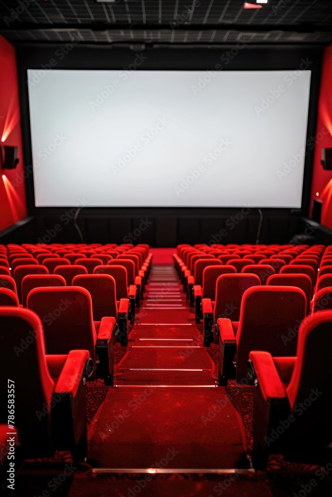 Poster An empty theater with red seats and a projector screen. Suitable for various entertainment and presentation concepts
