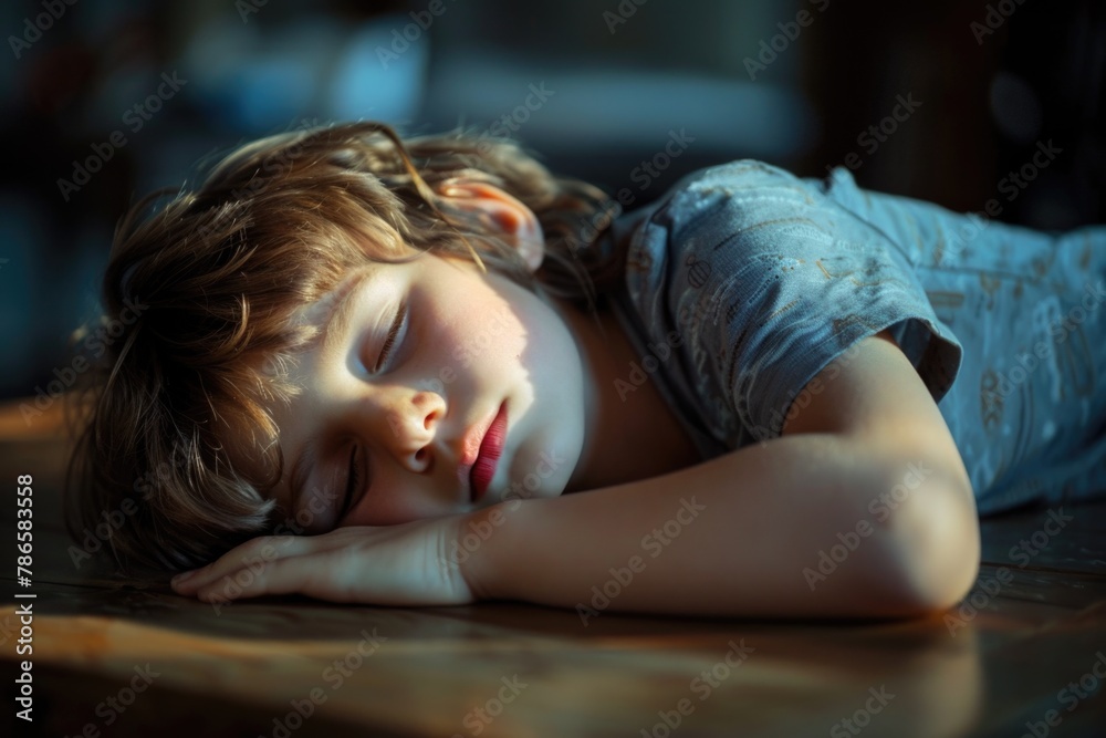 Aufkleber a peaceful image of a small child sleeping on a table, suitable for various projects