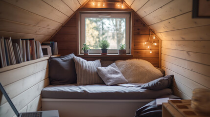Obraz premium Well-lit attic corner transformed into a snug home office with comfortable seating and a view