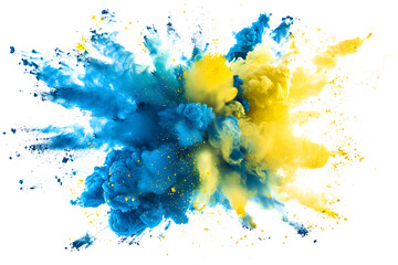 Chaotic blue and yellow color explosion on white background.