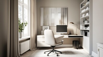 Serene, minimalist home office setup with neutral tones and stylish decor