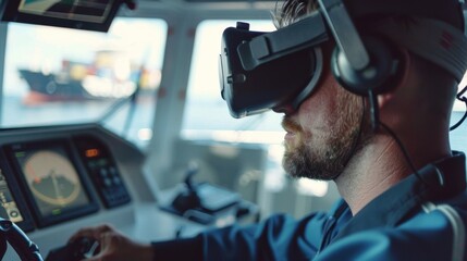 Naklejka premium Man Using Virtual Reality Headset in Ships Cockpit