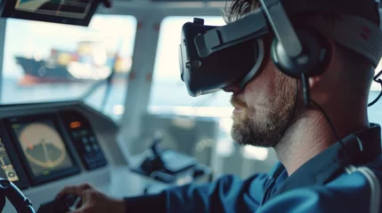 Türaufkleber Man Using Virtual Reality Headset in Ships Cockpit © Prostock-studio