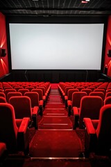 An empty theater with red seats and a projector screen. Suitable for various entertainment and presentation concepts