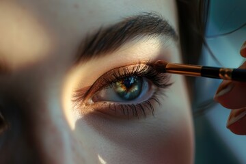 A close up of a woman's eye being painted with a brush, suitable for beauty or makeup concepts