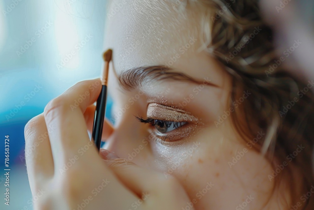 Sticker Close-up of a woman holding a brush near her eye, suitable for beauty or makeup concepts