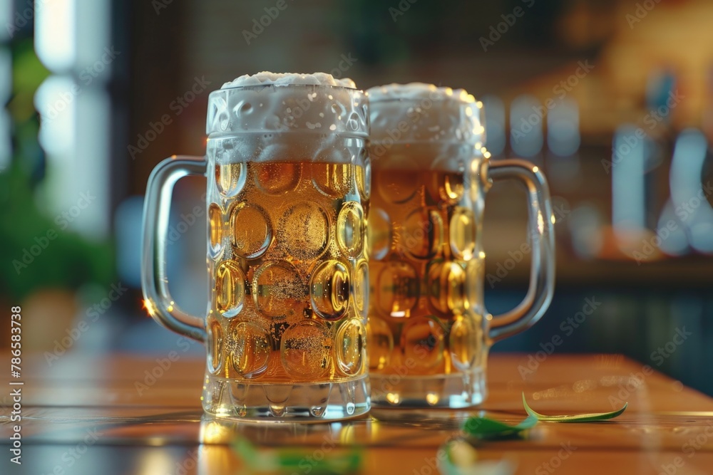 Poster a pair of beer mugs placed on a rustic wooden table. suitable for beverage or bar-related designs