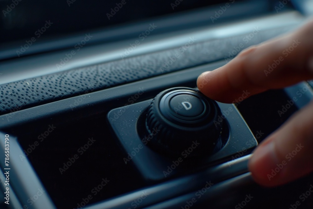 Poster Close up of a person pressing a button on a car. Suitable for automotive and technology concepts