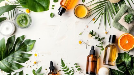 Plants and skincare products displayed on white background for review or testing. - obrazy, fototapety, plakaty