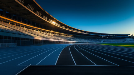 Fototapeta na wymiar A panoramic view of an empty stadium with a running track, the seats cast in shadow while the track glows under a clear sky. This serene moment captures the calm before the storm o