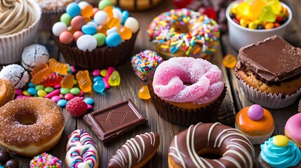 Assortment of products with high sugar level like candies gummy candies soda donuts chocolate lollipop wafers and cupcakes on rustic wooden table