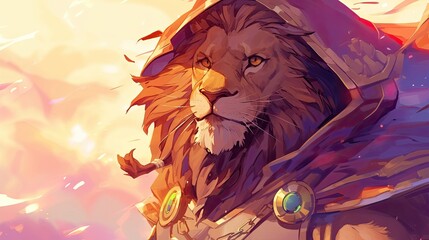 Lion in a wizard costume, sorcerer, medieval theme, mane. Mascot, wild animal, surrealism, close-up, cartoon style, anime, magic, witchcraft. Presenting pride and greatness concept. Generative by AI