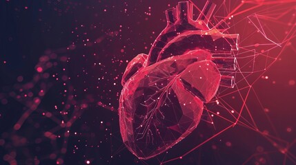 Red human heart with wireframe structure. Healthcare and medical concept in low poly art style. Geometric background with light connections. Modern 3D graphic design. - obrazy, fototapety, plakaty