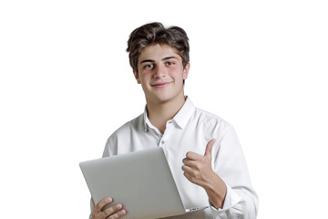 Studio portrait company worker smart young Caucasian man with chill style and serious face wearing casual outfits and holding laptop, isolated on transparent png background.