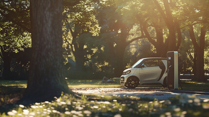 A modern mini electric vehicle charging at a solar-powered charging station in a public park. The sunlight filters through the trees, casting dappled shadows on the vehicle and sta - obrazy, fototapety, plakaty