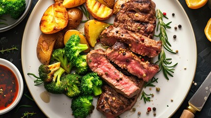 Juicy grilled steak served with roasted potatoes, steamed broccoli. Restaurant serving, close-up, food aesthetics, difficult to prepare. Culinary excellence, sophistication concept. Generative by AI