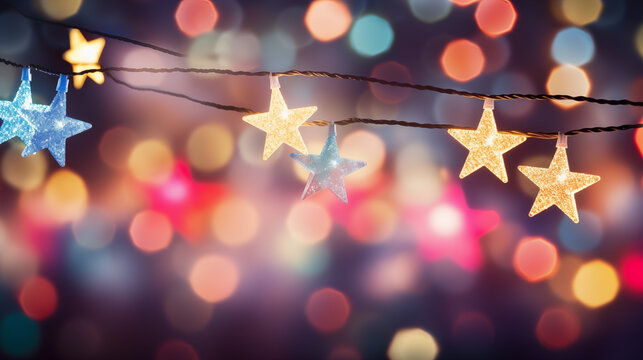 Images of stars of different sizes and colours on a beautiful bokeh background for use as decorations and greeting cards. 