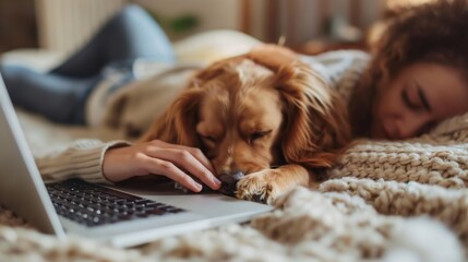 Person working on a laptop while relaxing with their pet dog on a comfortable blanket