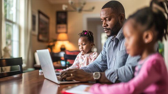 Modern family work-from-home setup with parents. Children. And technology at a cozy residential dining table office for remote telecommuting. Freelance productivity - Powered by Adobe
