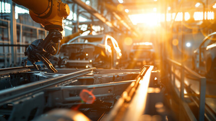 Close-up of robotic arms installing components on a car chassis. Sunlight streams through nearby windows, highlighting the precision and efficiency of automation in car manufacturi