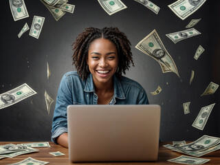 Cash flow, dollar bills floating over woman. Online earning money. Woman make money online from...
