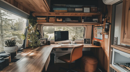 Modern home office interior inside a caravan showcasing a serene work environment amidst nature