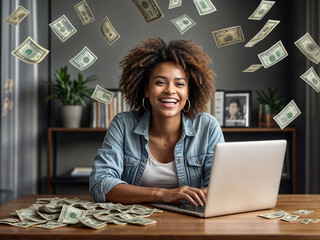 Cash flow, dollar bills floating over woman. Online earning money. Woman make money online from...