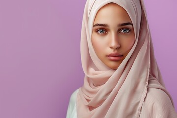 Portrait of young arabian girl in hijab on pink background. Muslim woman