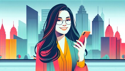 Urban Woman with Smartphone. Illustration of a woman holding a phone amidst a colorful urban backdrop.