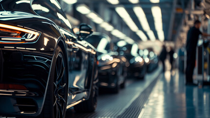 The final inspection area of a car production line, where vehicles receive a final check under bright, natural light. The light creates high contrast and soft shadows around the wo - obrazy, fototapety, plakaty