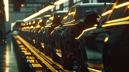A row of partially completed cars moving along a conveyor belt, with workers performing quality checks. The natural light from overhead illuminates the scene, creating a dynamic pl - obrazy, fototapety, plakaty